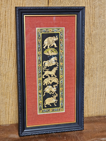 Rajasthani Style Indian Persian Framed Animal Procession Hand Painted On Silk