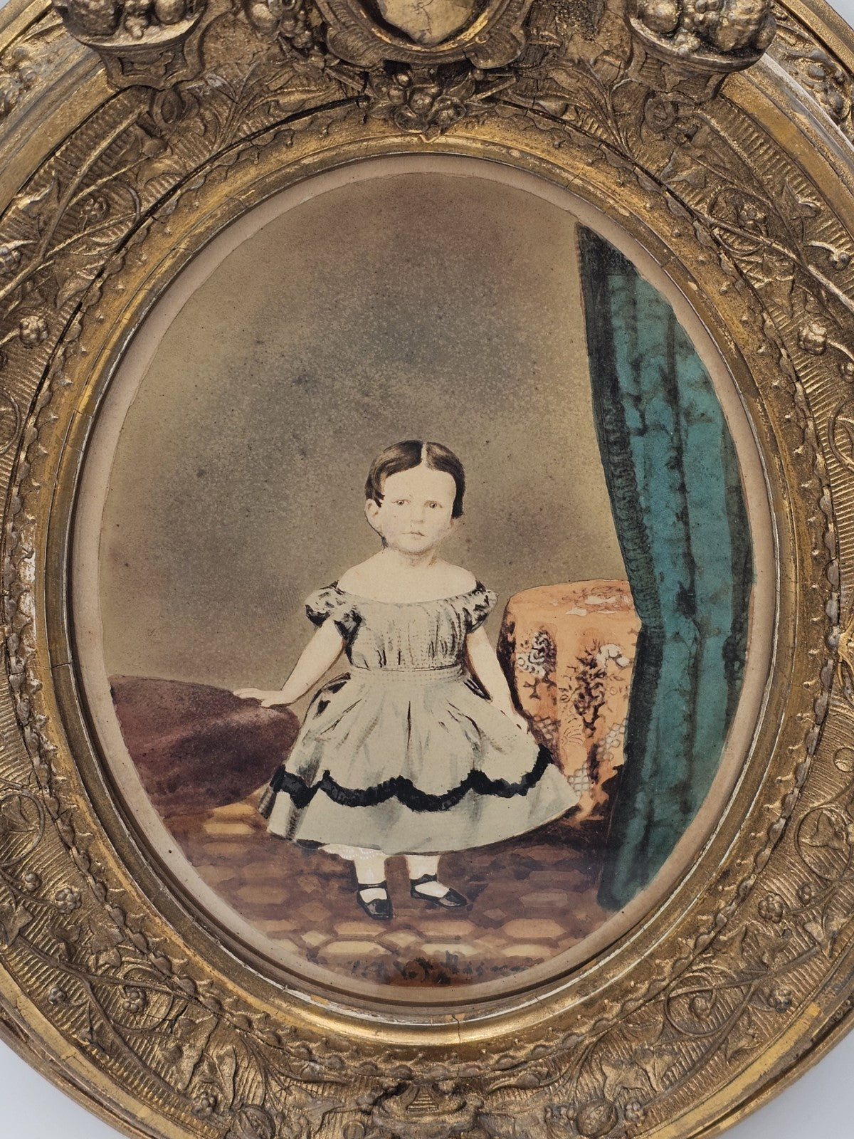 Antique Mid 19th Century Hand Colored Photo In Ornate Gold Gilt Deepwell Frame 