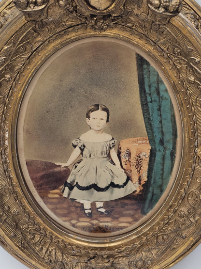 Antique Mid 19th Century Hand Colored Photo In Ornate Gold Gilt Deepwell Frame 