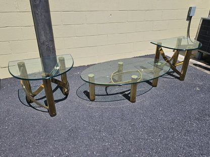 1980s Post Modern Tubular Brass & Beveled Glass Side Table Coffee Table Set