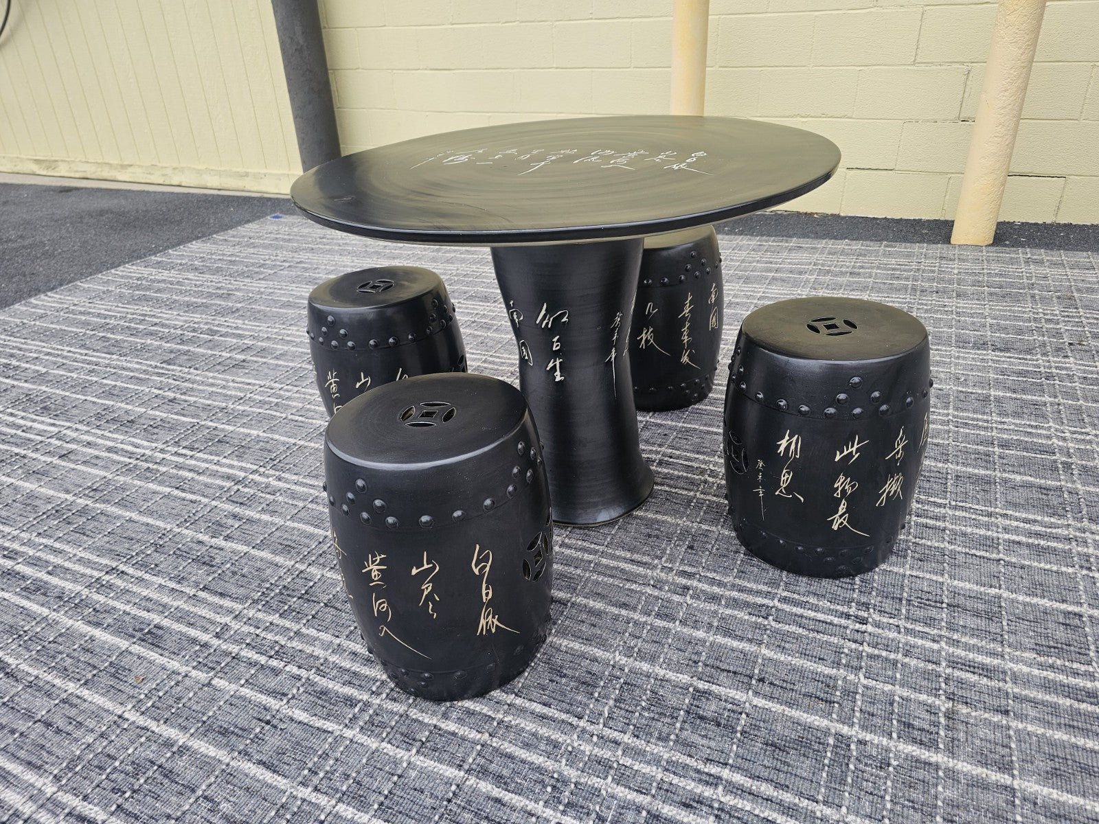 Black Chinese Calligraphy Porcelain Ceramic Round Table & 4 Garden Stool Chairs
