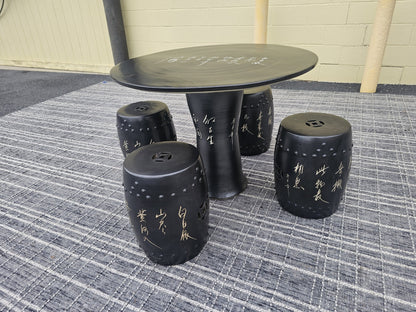 Black Chinese Calligraphy Porcelain Ceramic Round Table & 4 Garden Stool Chairs