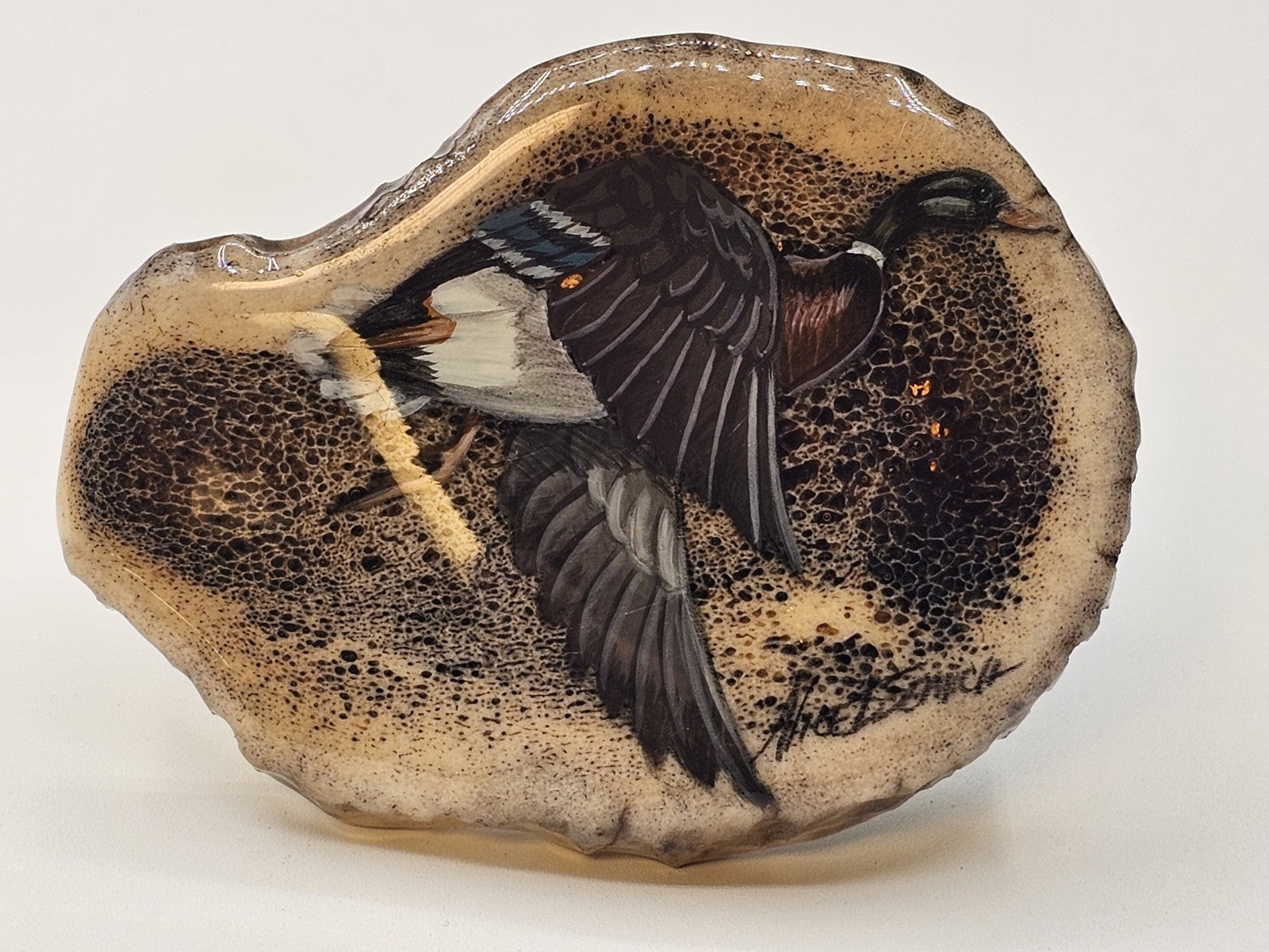 Vtg Alice Semich Elk Antler Belt Buckle W  Hand Painted Mallard Duck 3.25 Inch