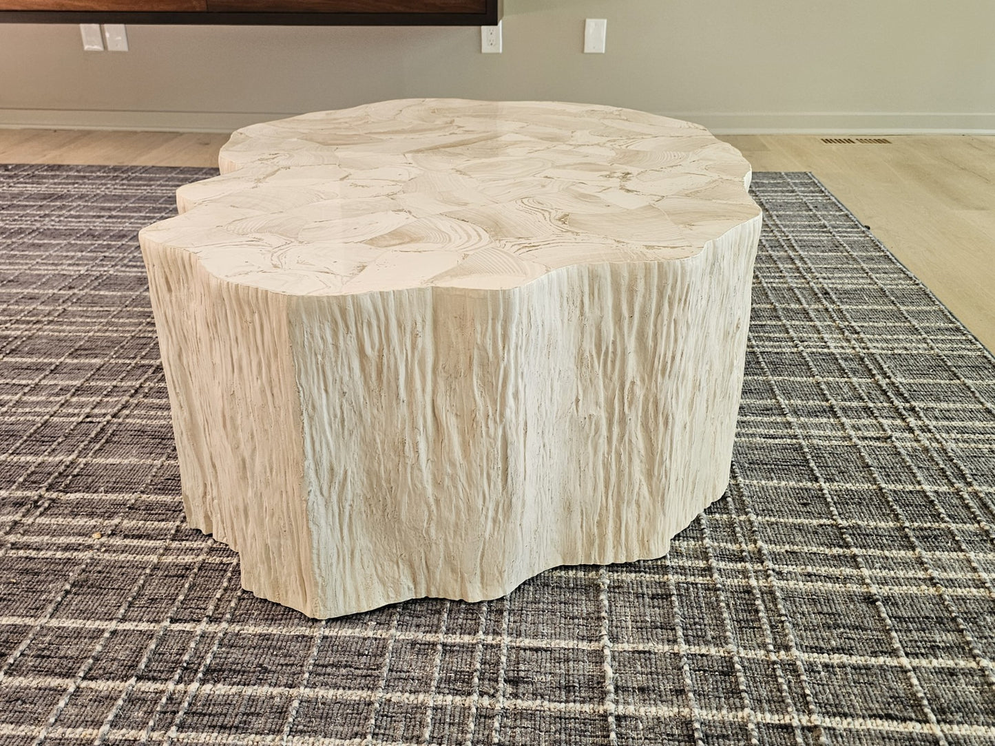 Fossilized Clam Shell Coffee Table On Cast Natural Tree Trunk Base By Camilla