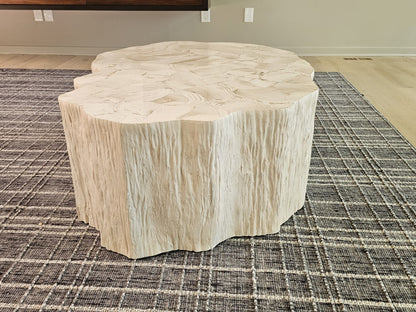 Fossilized Clam Shell Coffee Table On Cast Natural Tree Trunk Base By Camilla