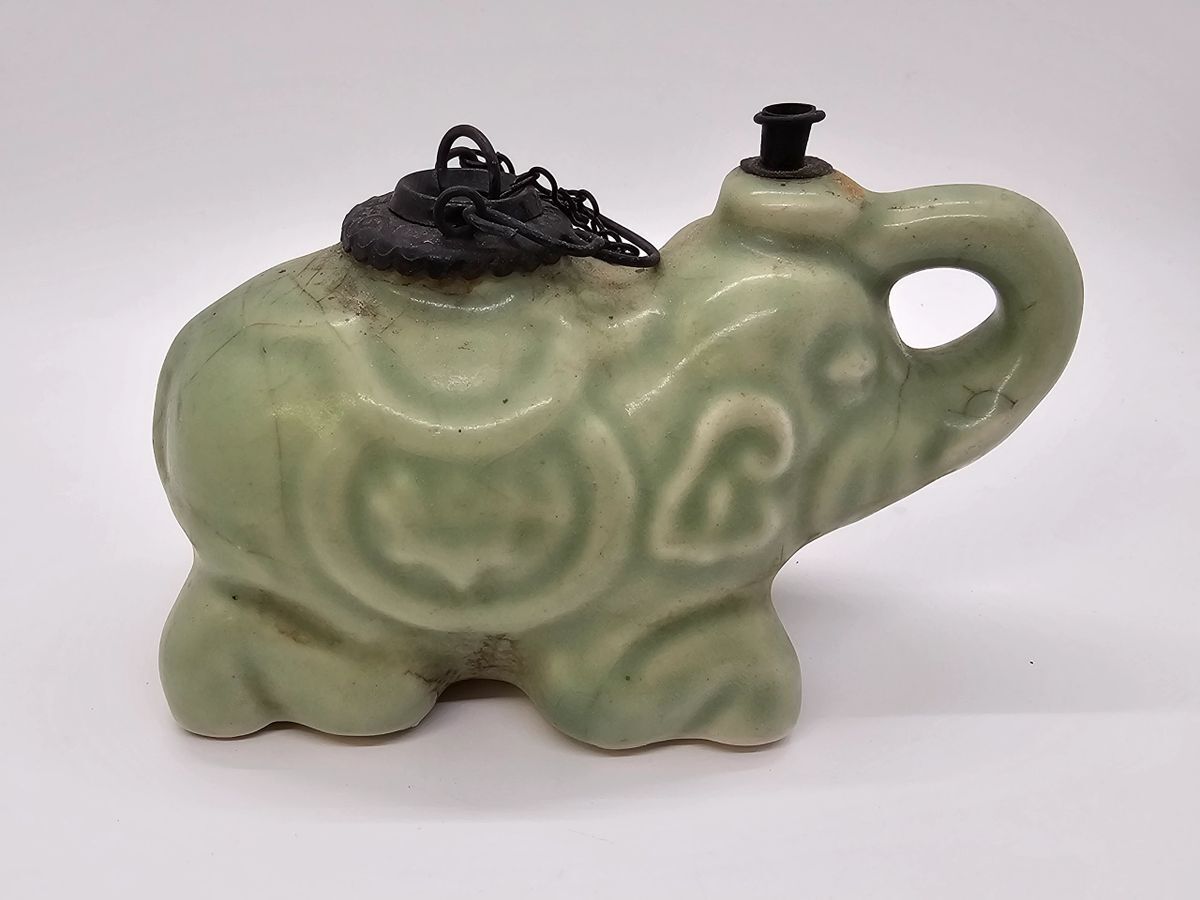 Antique Asian Porcelain Green Elephant Oil Lamp