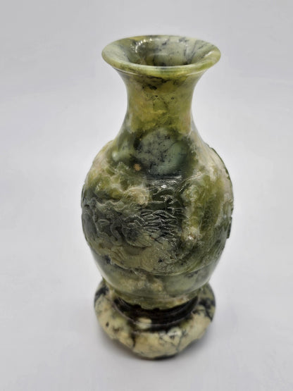 Vtg Chinese Green Jade Like Soapstone Vase With Dragon & Original Tag 6" Tall