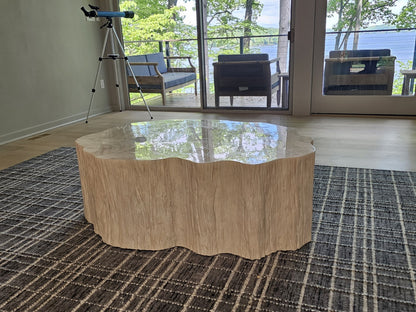 Fossilized Clam Shell Coffee Table On Cast Natural Tree Trunk Base By Camilla