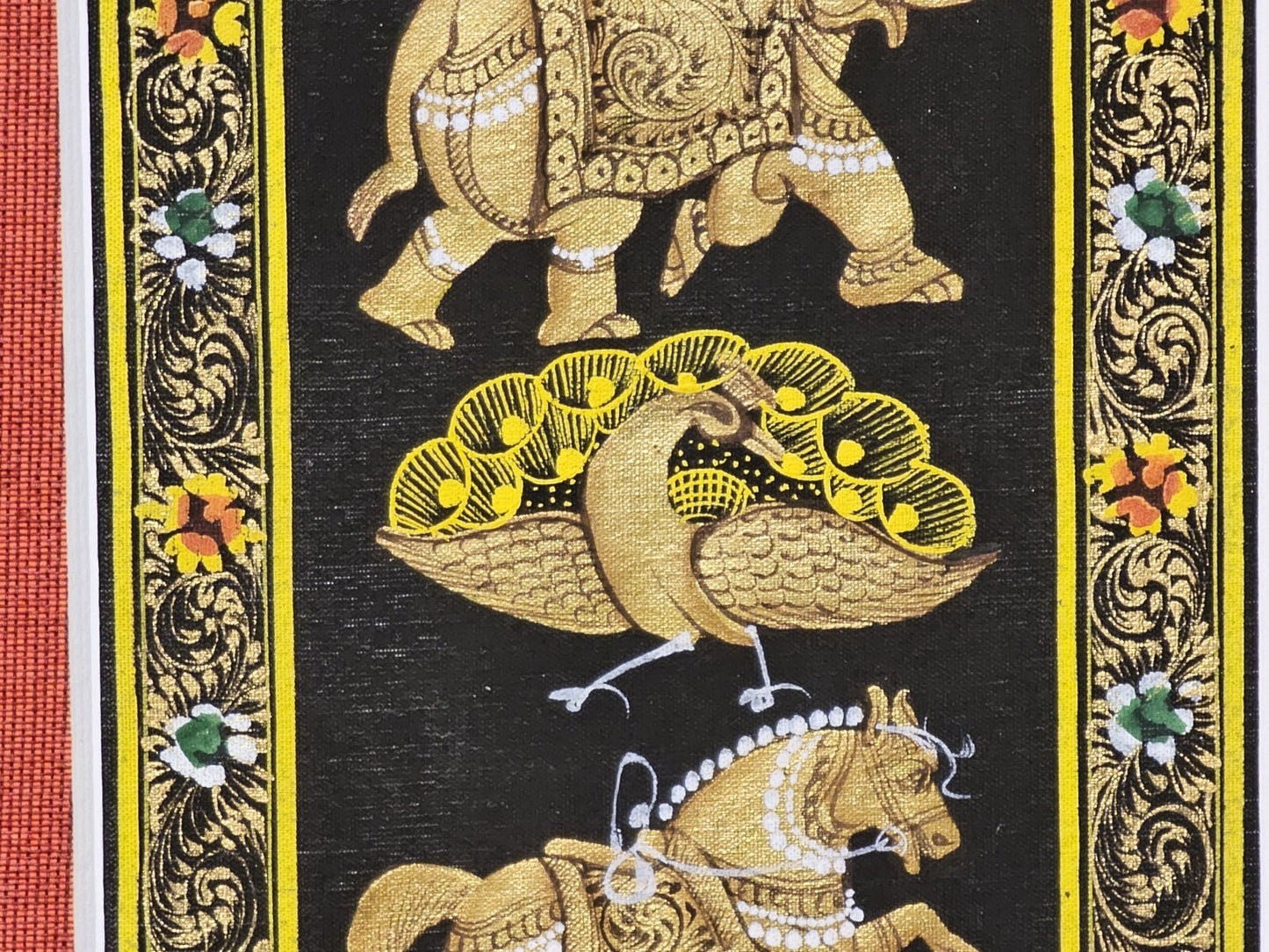 Rajasthani Style Indian Persian Framed Animal Procession Hand Painted On Silk