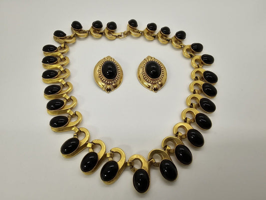 Vtg Signed Andrew Spingam 16 Inch Choker Necklace & Clip On Earrings Dark Stones