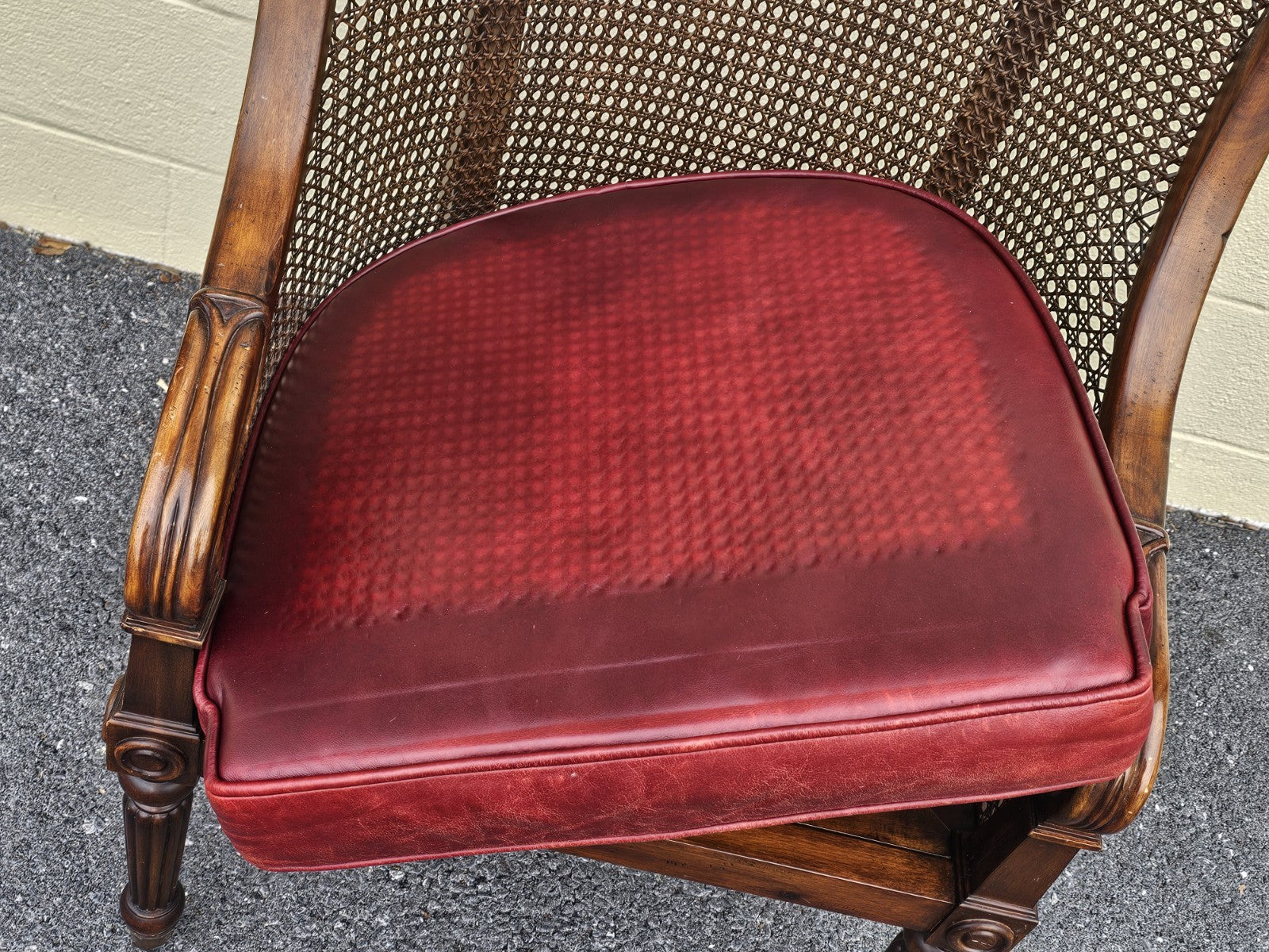 Vtg Regency Style Bergere Cane & Leather Armchair W Original Brass Casters 