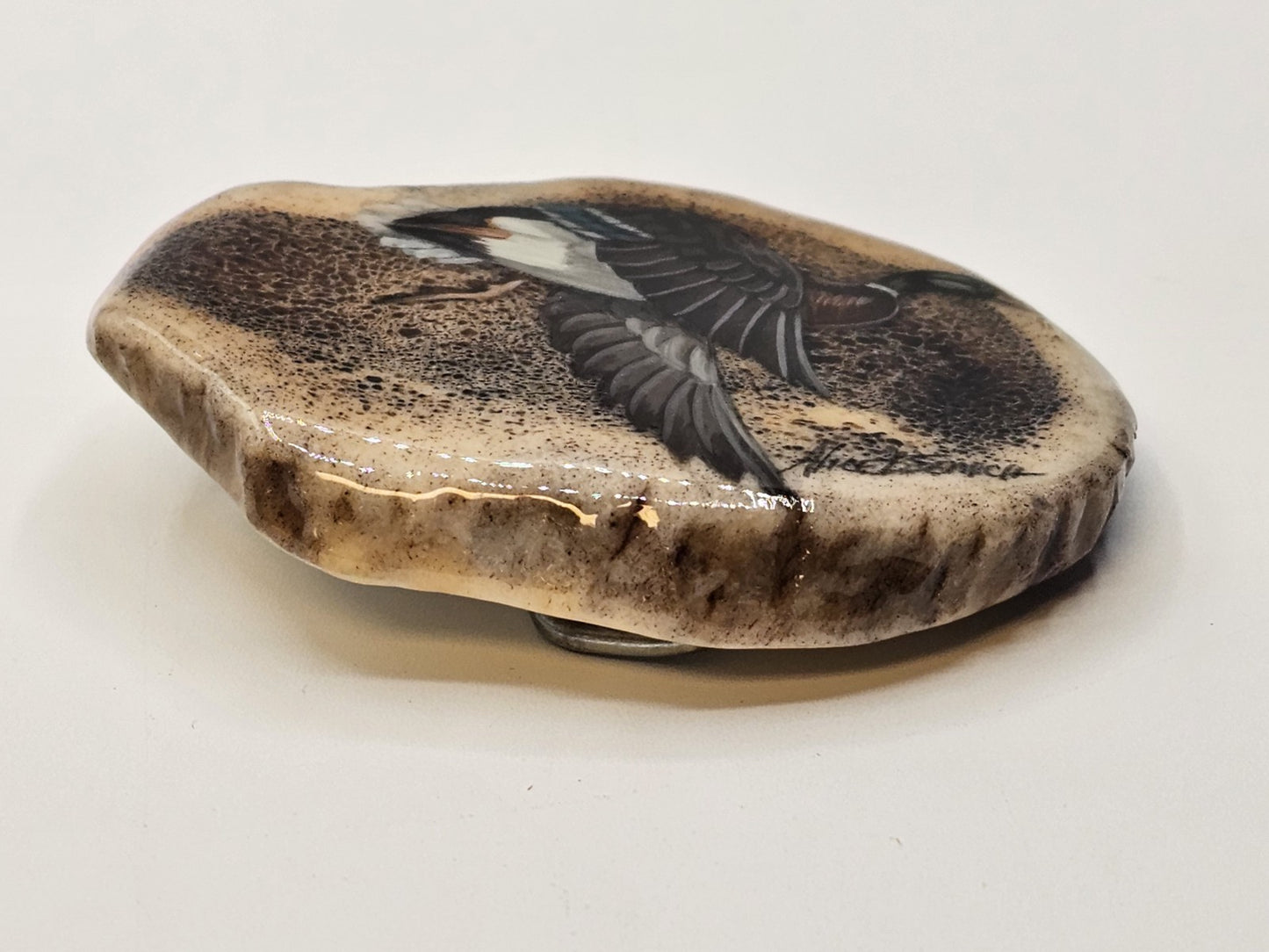 Vtg Alice Semich Elk Antler Belt Buckle W  Hand Painted Mallard Duck 3.25 Inch