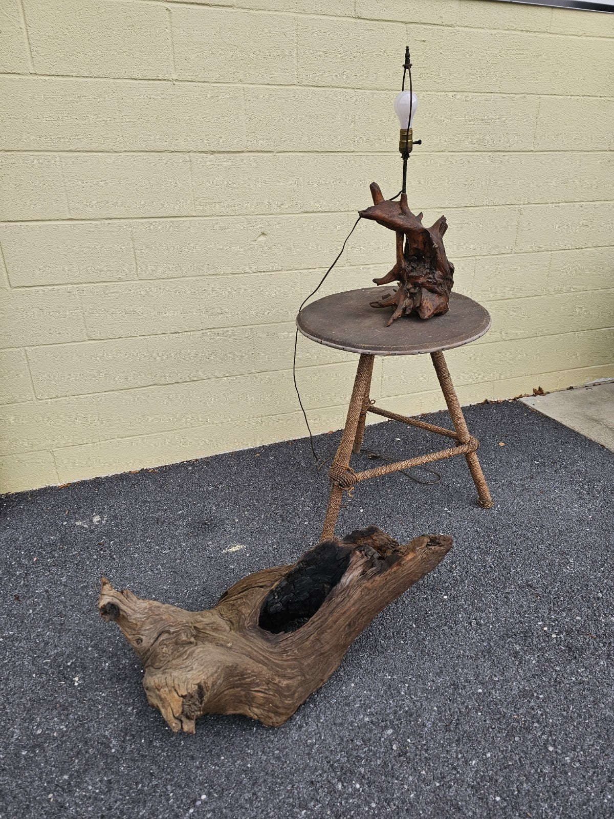 MCM Nautical Theme Side Table W Woven Rattan Top & Woven Rope Tripod Legs