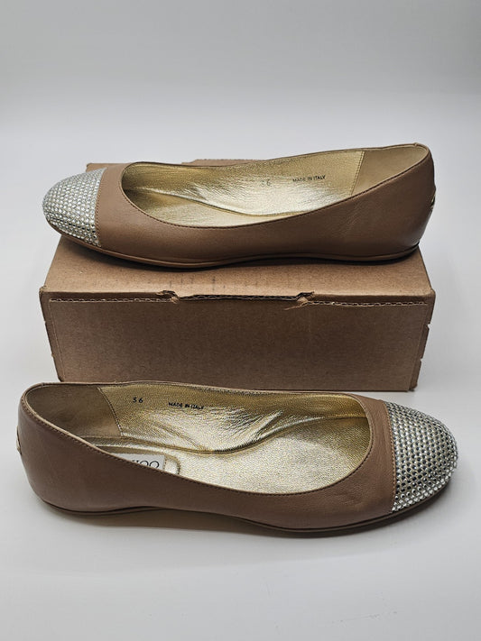 Jimmy Choo Flats Ballet Tan Cream Leather Ballerina Shoes Size 36 Used Sparkle