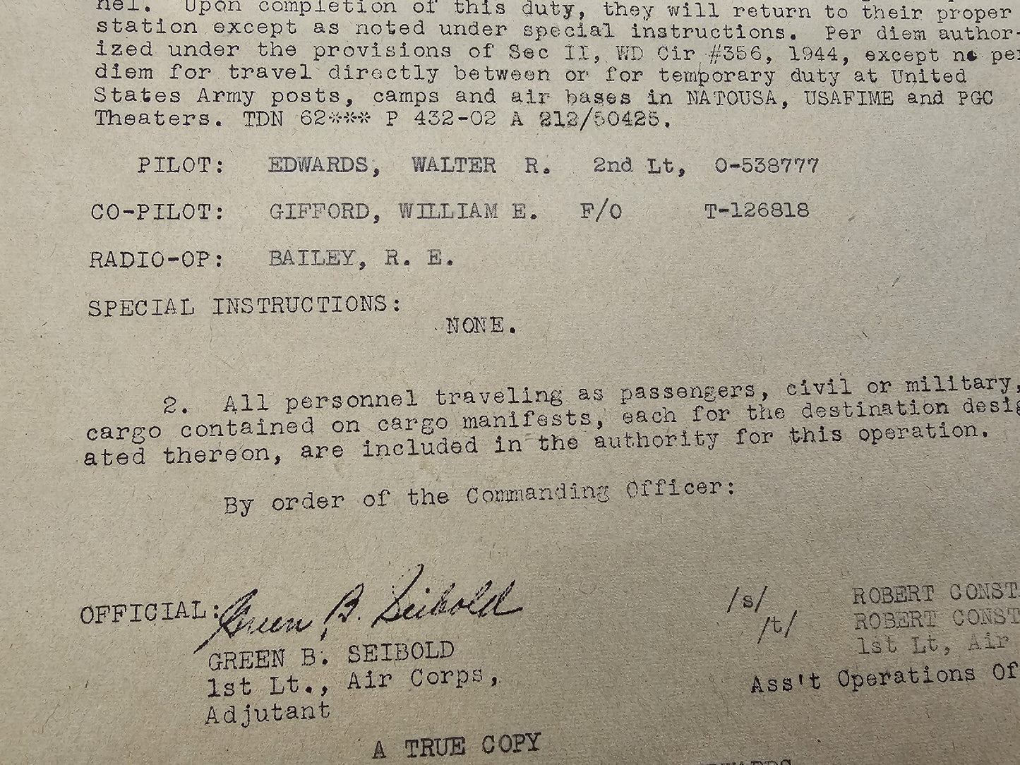 WW2 US Army Air Corps Pilot Official Flight Order Transporting C-46 Aircraft