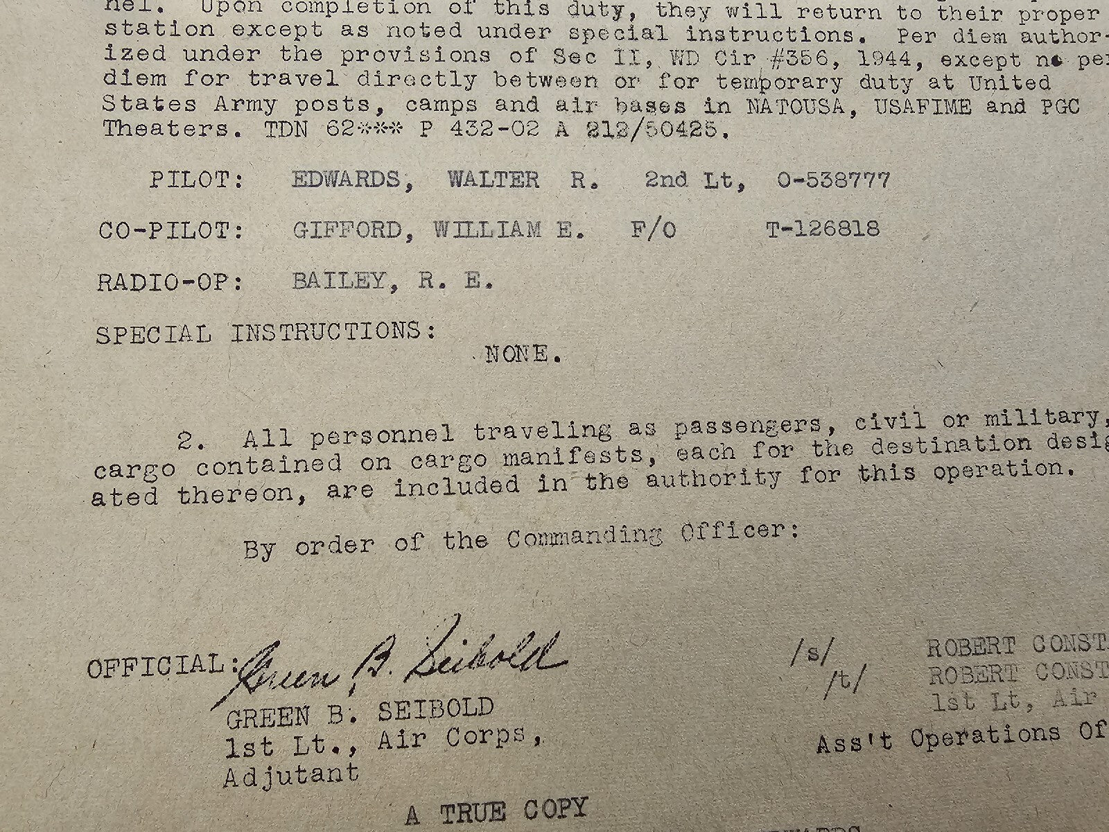 WW2 US Army Air Corps Pilot Official Flight Order Transporting C-46 Aircraft