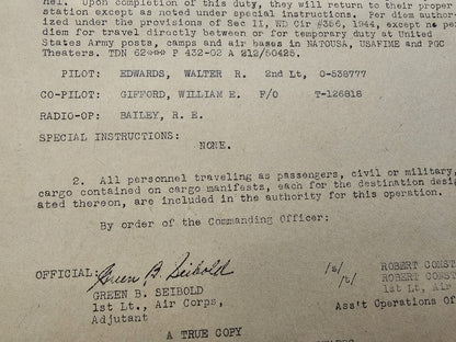 WW2 US Army Air Corps Pilot Official Flight Order Transporting C-46 Aircraft