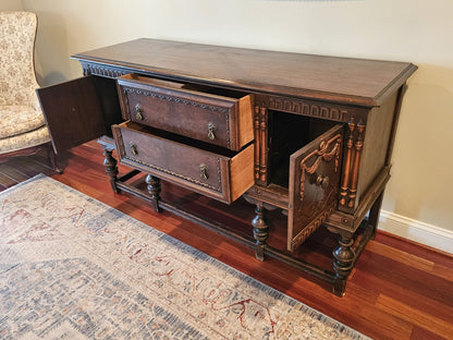 Antique Jacobean Walnut Sideboard Ornately Carved Buffet Server W Brass Hardware