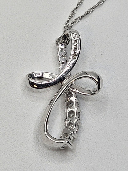 10k White Gold Cross Pendant & 10k White Gold Necklace W 8 Clear Stones 18 In