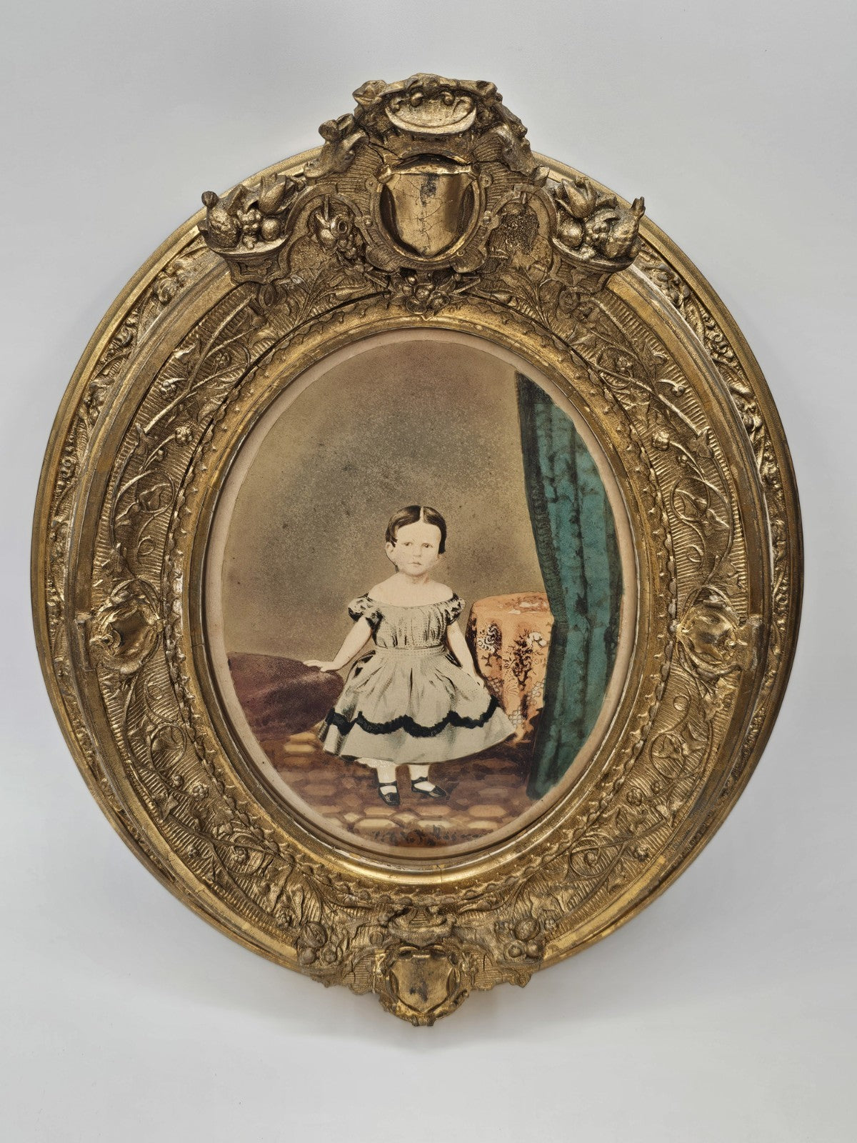 Antique Mid 19th Century Hand Colored Photo In Ornate Gold Gilt Deepwell Frame 