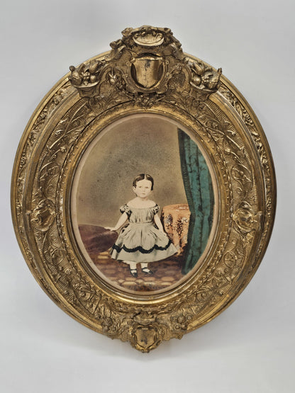 Antique Mid 19th Century Hand Colored Photo In Ornate Gold Gilt Deepwell Frame 