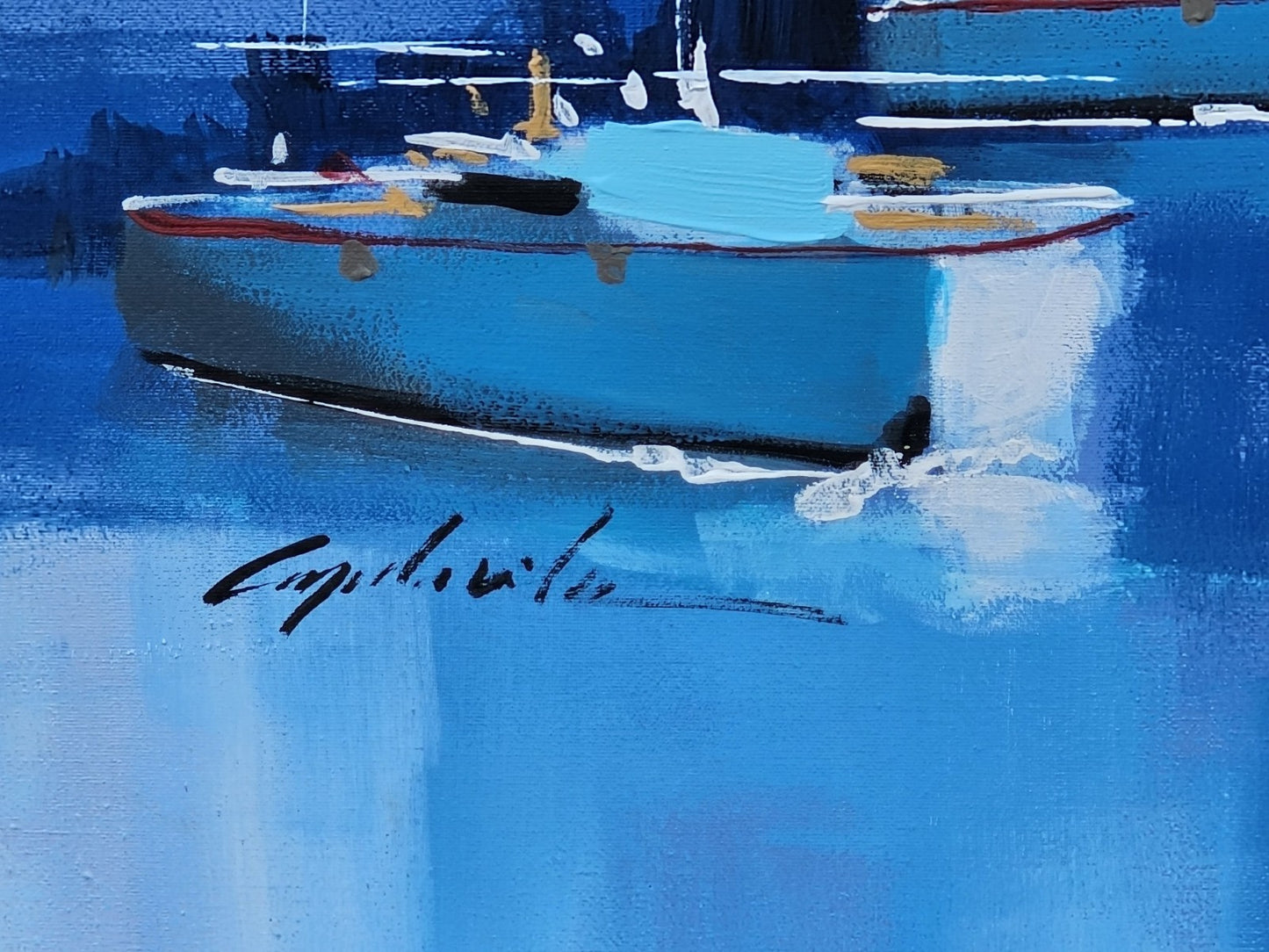 Original Beach Theme Oil On Canvas "Sailing" Sailboats By Cavelia Blue & White