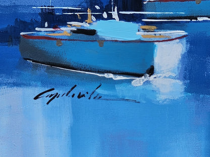 Original Beach Theme Oil On Canvas "Sailing" Sailboats By Cavelia Blue & White