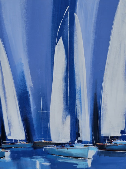 Original Beach Theme Oil On Canvas "Sailing" Sailboats By Cavelia Blue & White