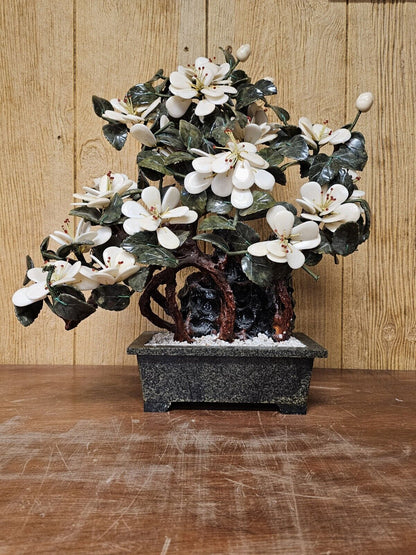 MCM Jade Agate & White Quartz Asian Bonsai Floral Tree Of Life 20 Inch Tall