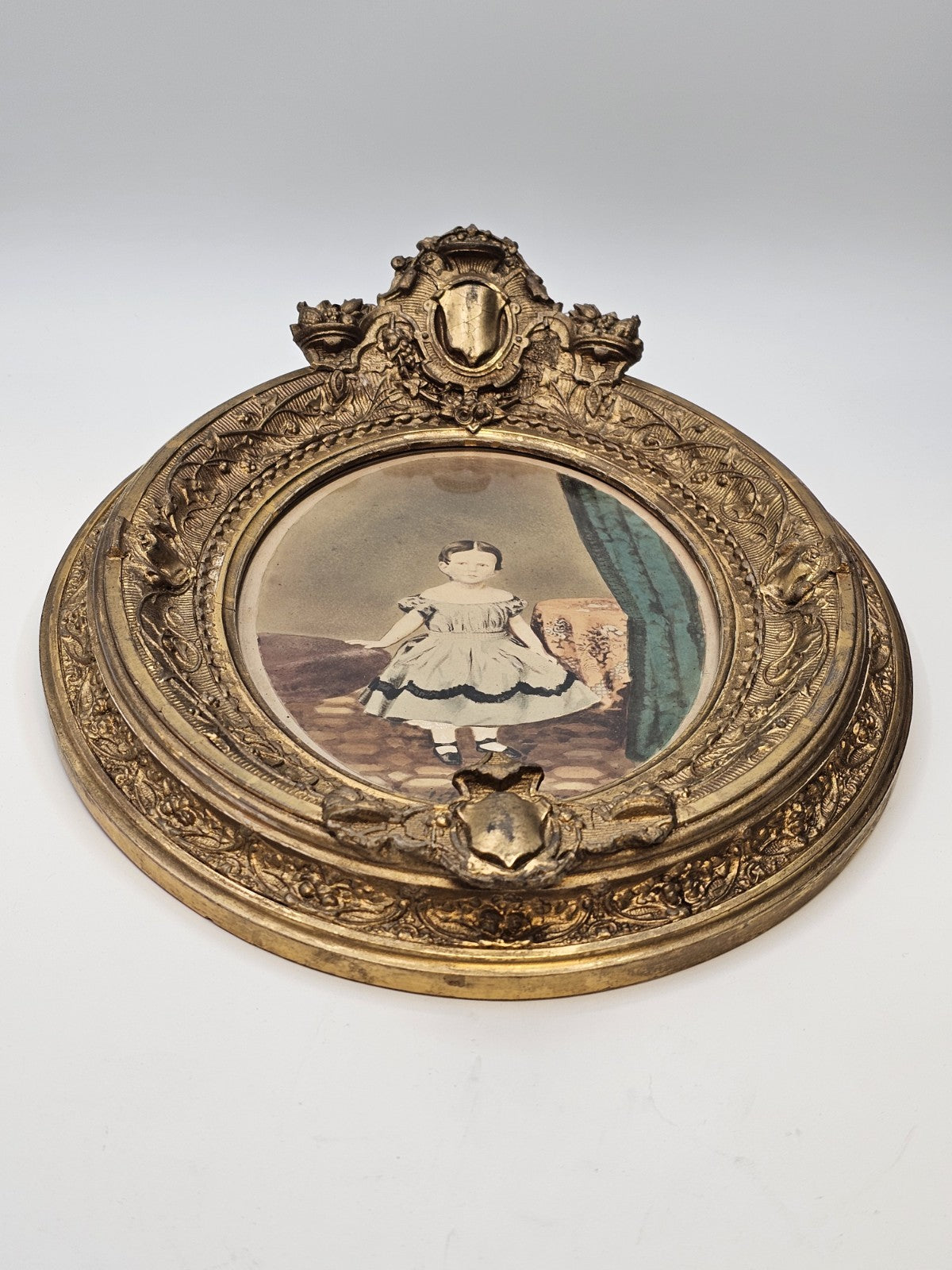 Antique Mid 19th Century Hand Colored Photo In Ornate Gold Gilt Deepwell Frame 