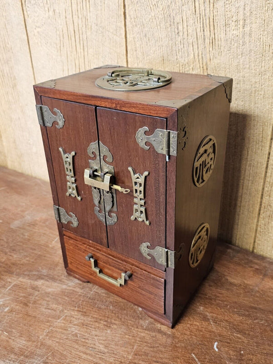 Vtg Chinese Real Wood 5 Drawer Jewelry Box With Brass Pulls & Lock 12 " Tall