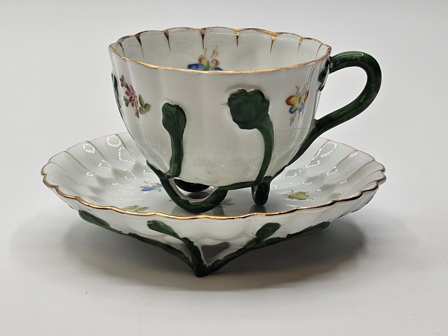 Lefton Porcelain Tea Cup & Saucer Hand Painted Footed Scalloped Edges 