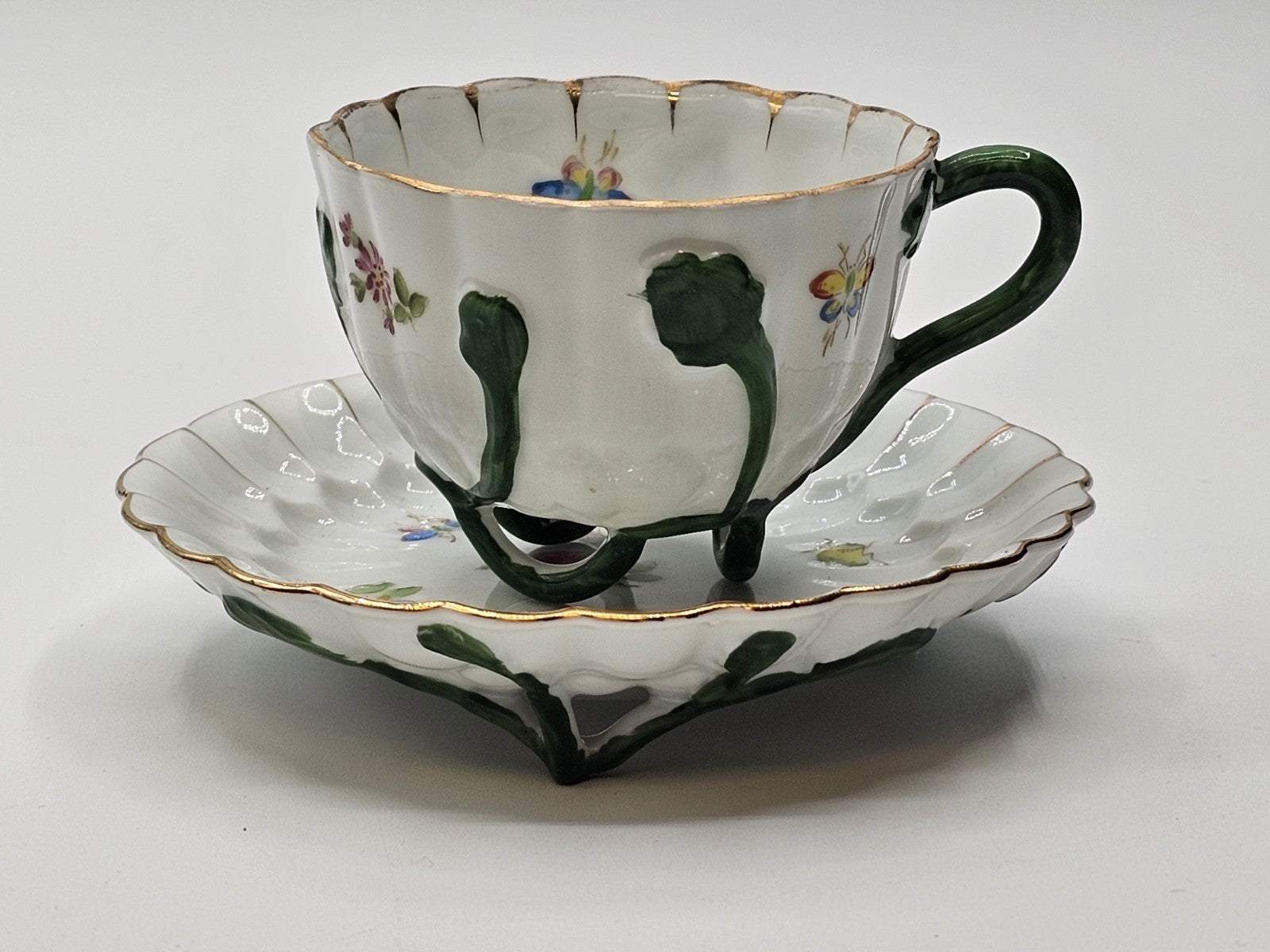 Lefton Porcelain Tea Cup & Saucer Hand Painted Footed Scalloped Edges 