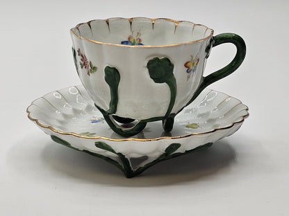 Lefton Porcelain Tea Cup & Saucer Hand Painted Footed Scalloped Edges 