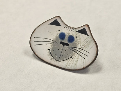 Vtg Nanci Mid Century Enamel On Copper Pin Brooch White Cat Face MCM Signed