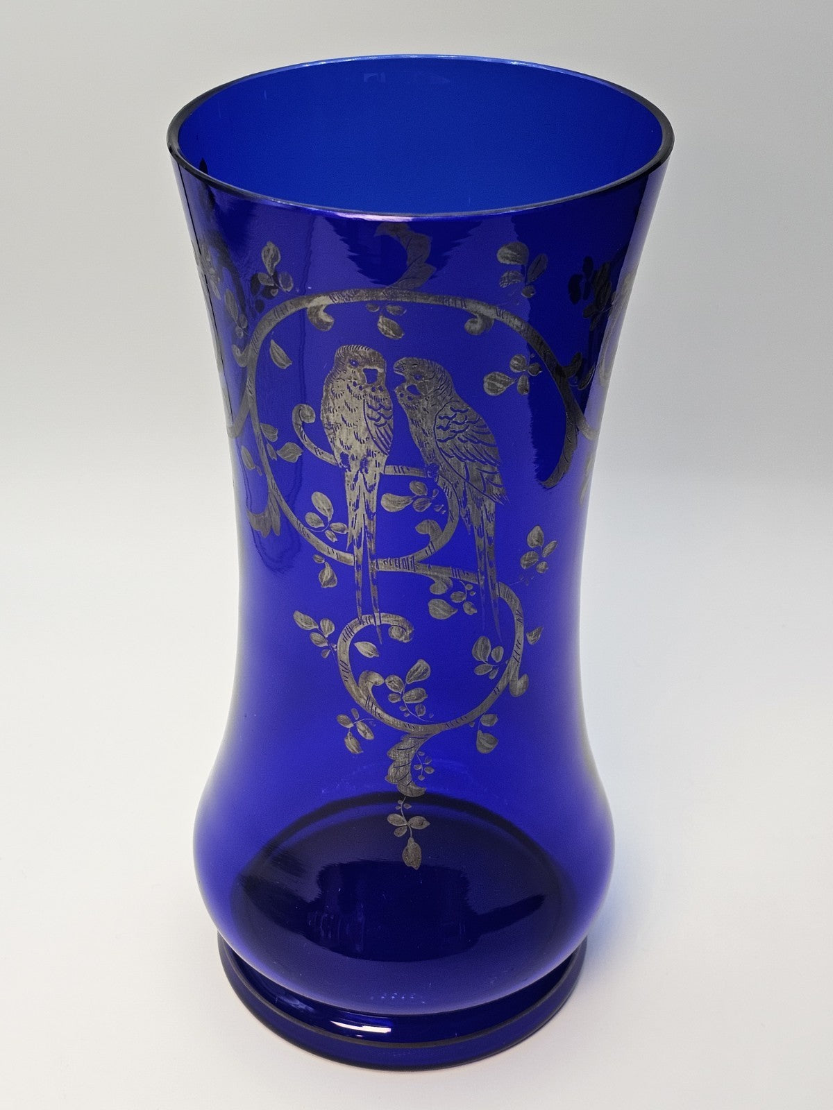 Vtg Czech Cobalt Blue Art Glass Vase With Silver Overlay Parrots Birds 11 " Tall