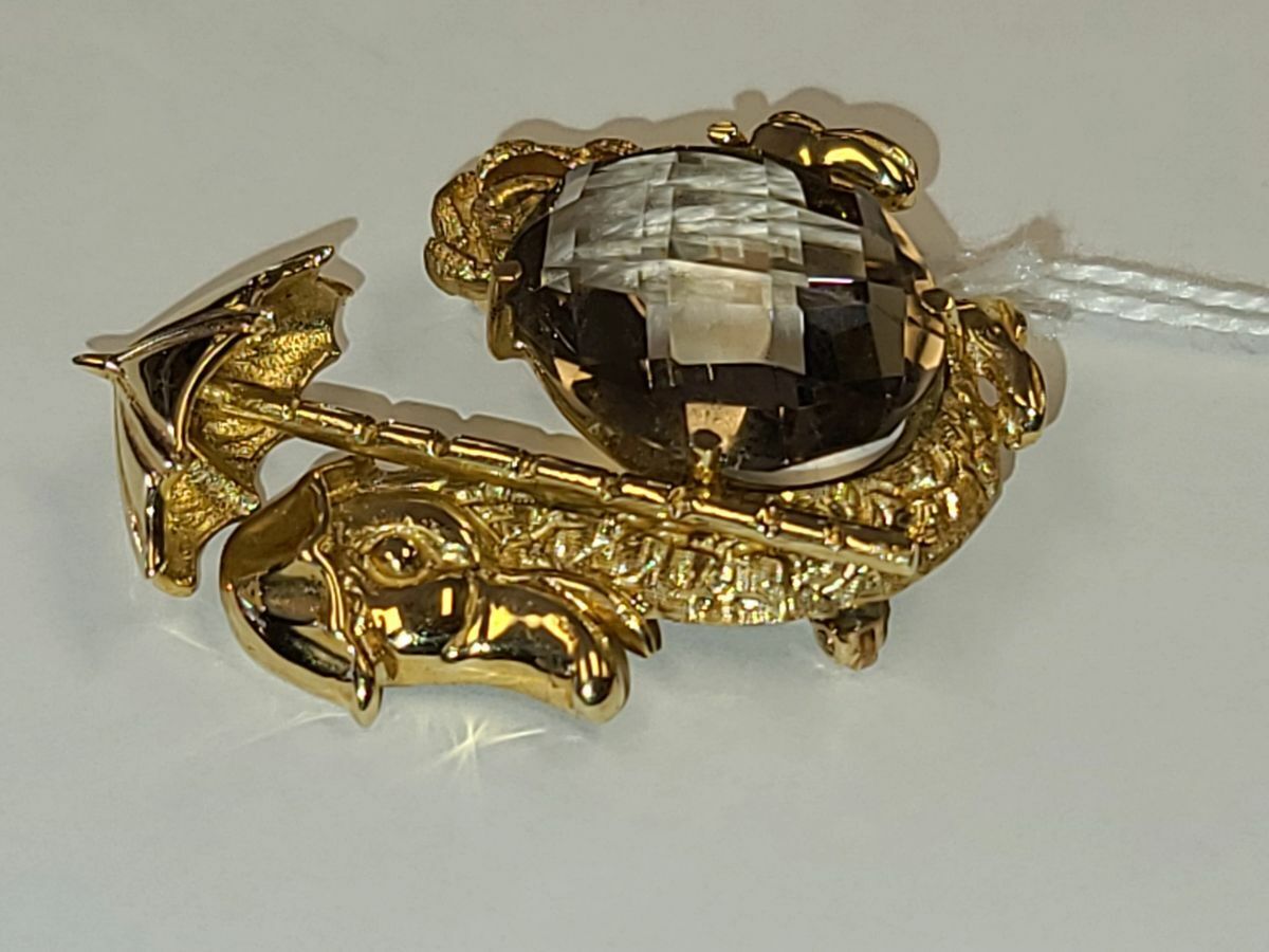 14kt Yellow Gold FJG Duck Pin Brooch with Large Smoky Quartz Stone