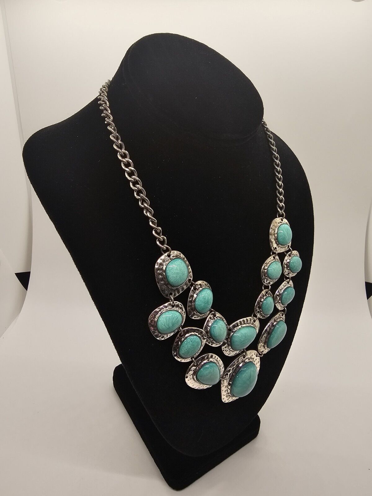 Silver Tone Faux Turquoise Choker Statement Necklace Native American Style