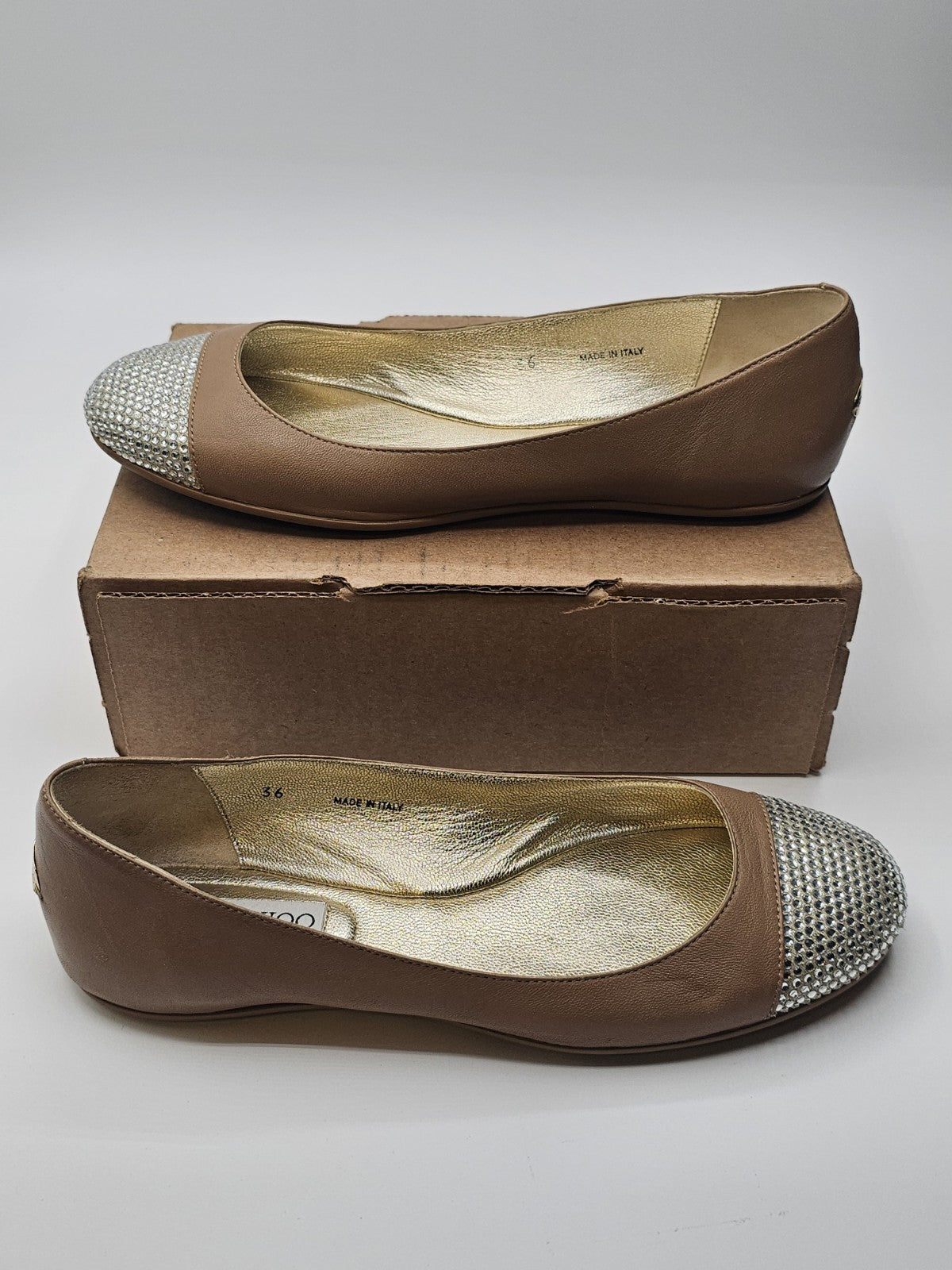 Jimmy Choo Flats Ballet Tan Cream Leather Ballerina Shoes Size 36 Used Sparkle