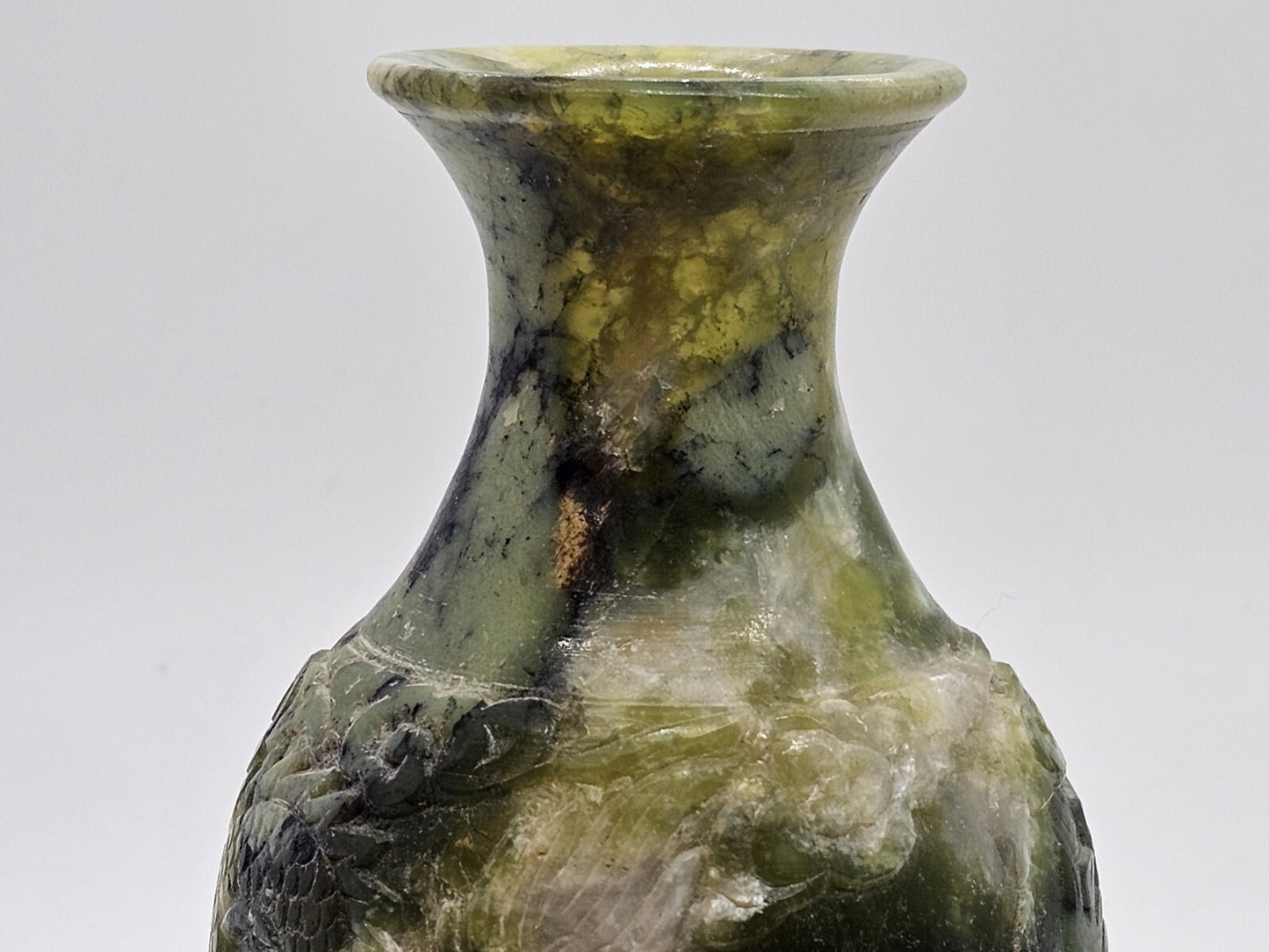 Vtg Chinese Green Jade Like Soapstone Vase With Dragon & Original Tag 6" Tall