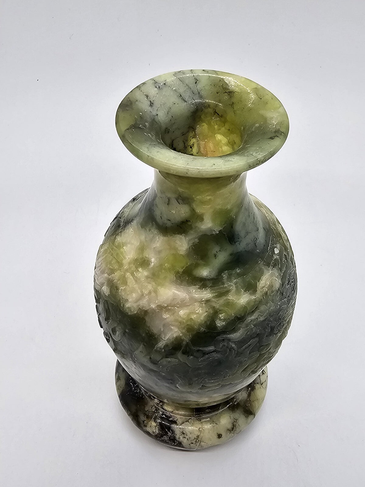 Vtg Chinese Green Jade Like Soapstone Vase With Dragon & Original Tag 6" Tall