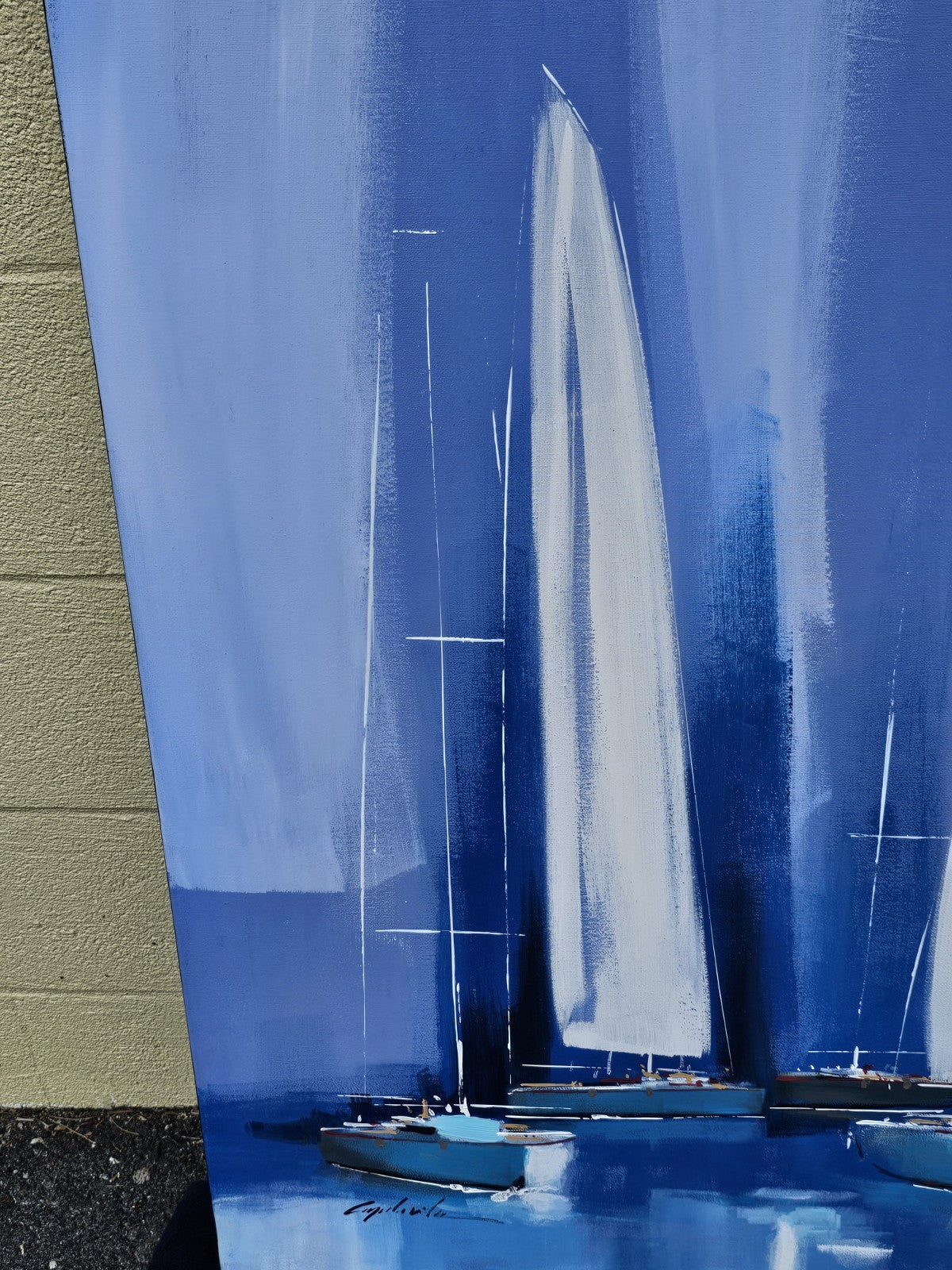 Original Beach Theme Oil On Canvas "Sailing" Sailboats By Cavelia Blue & White