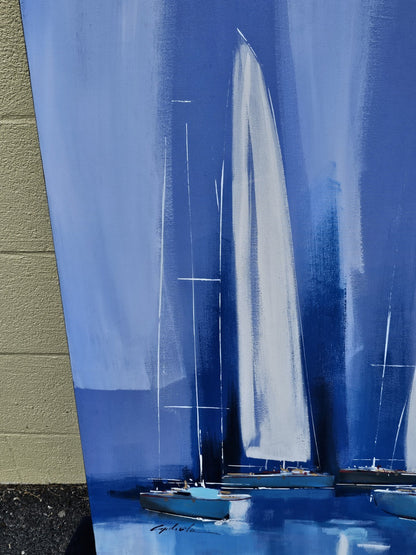 Original Beach Theme Oil On Canvas "Sailing" Sailboats By Cavelia Blue & White