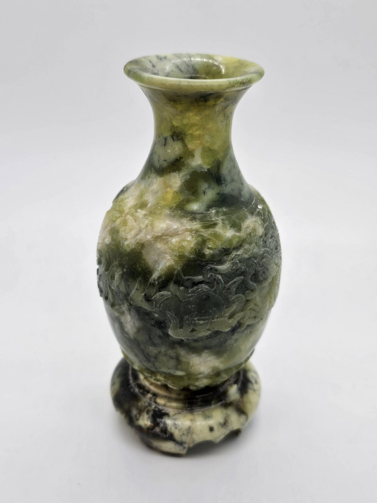 Vtg Chinese Green Jade Like Soapstone Vase With Dragon & Original Tag 6" Tall