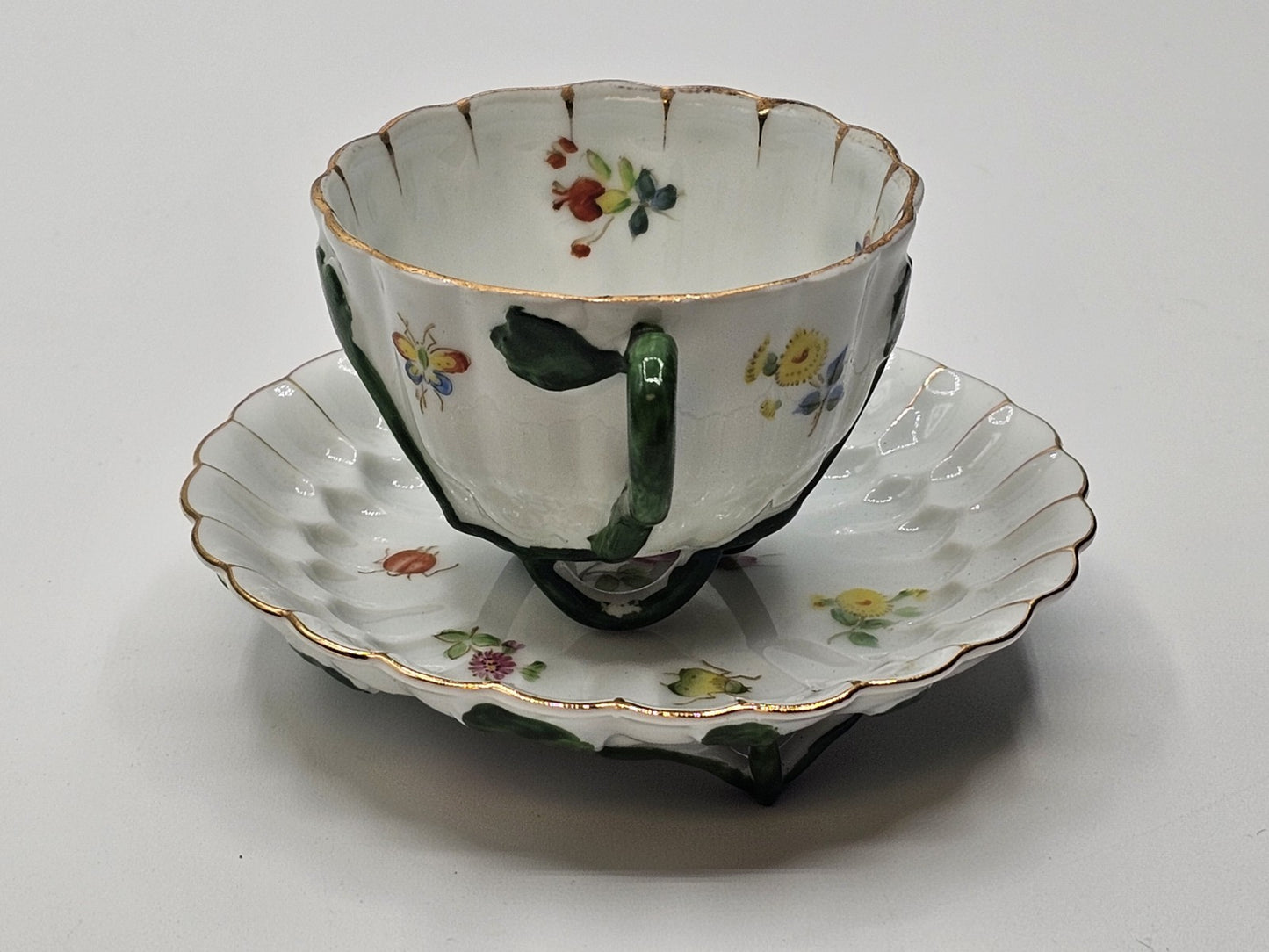 Lefton Porcelain Tea Cup & Saucer Hand Painted Footed Scalloped Edges 