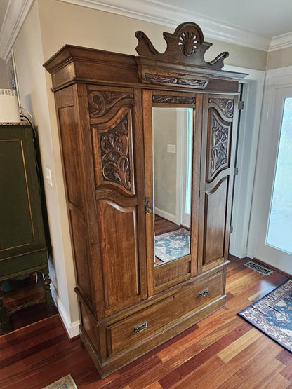 Antique 19th Century Hand Carved Oak Wardrobe W Phoenix Portable Cabinet Closet