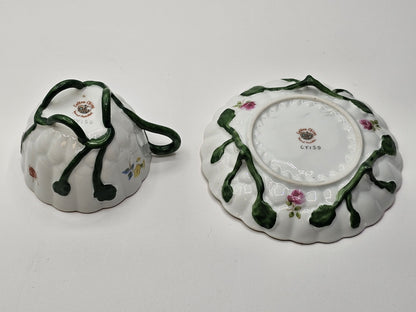 Lefton Porcelain Tea Cup & Saucer Hand Painted Footed Scalloped Edges 