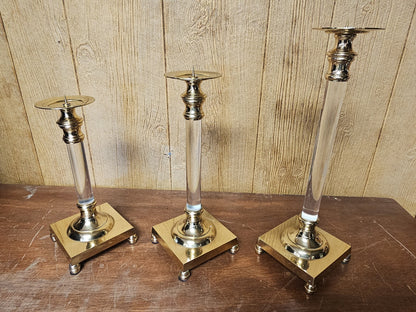 Vtg MCM Brass & Lucite Candle Holders Set Of Three 18.5 T X 16 T X 13.5 T 