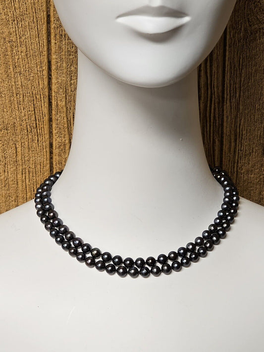 Vintage Dark Pearl Necklace Double Strand Iridescent 17.5 Inch Long