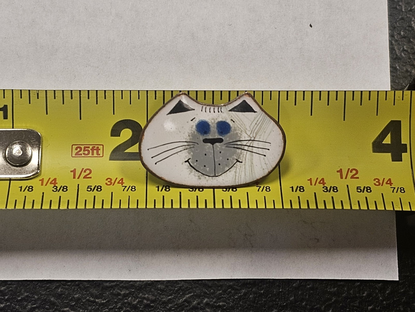 Vtg Nanci Mid Century Enamel On Copper Pin Brooch White Cat Face MCM Signed